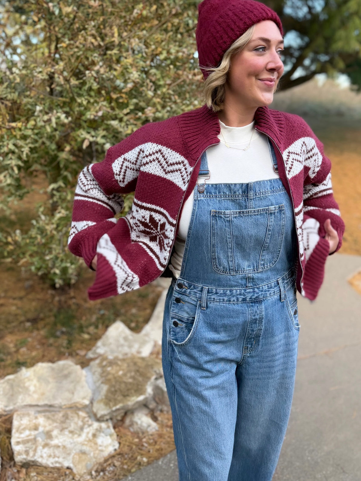 Burgundy Zip Front Fair Isle Sweater