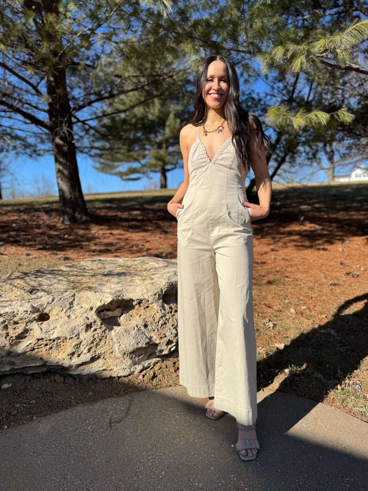 Tan Deep V Cross Tie Back Jumpsuit