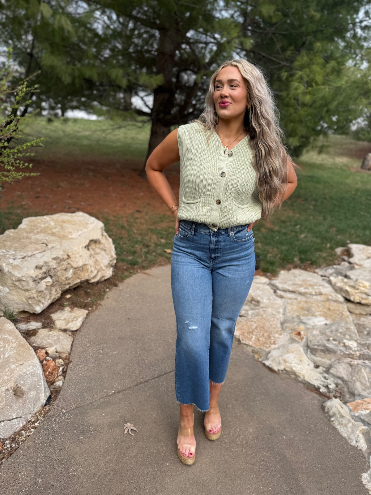 Light Green Button Front Sweater Vest