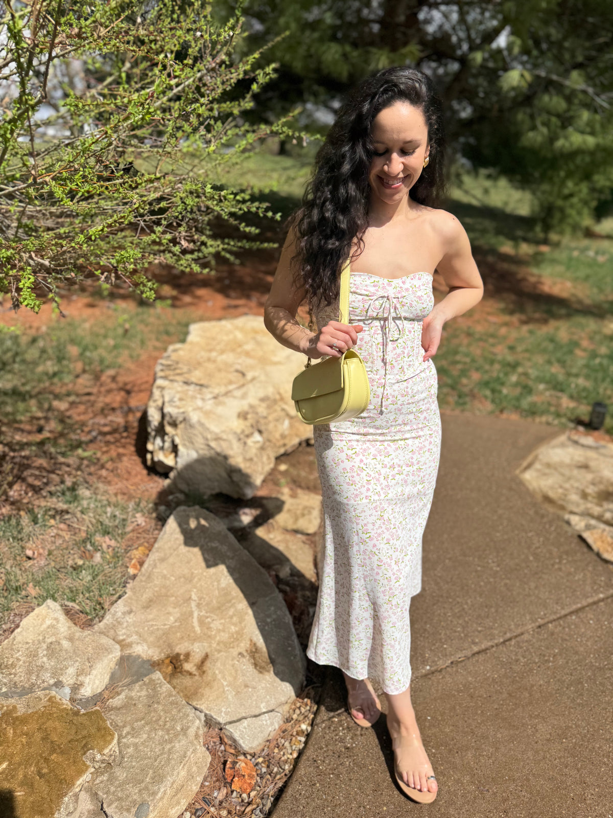 Pink Floral Print Strapless Midi Dress