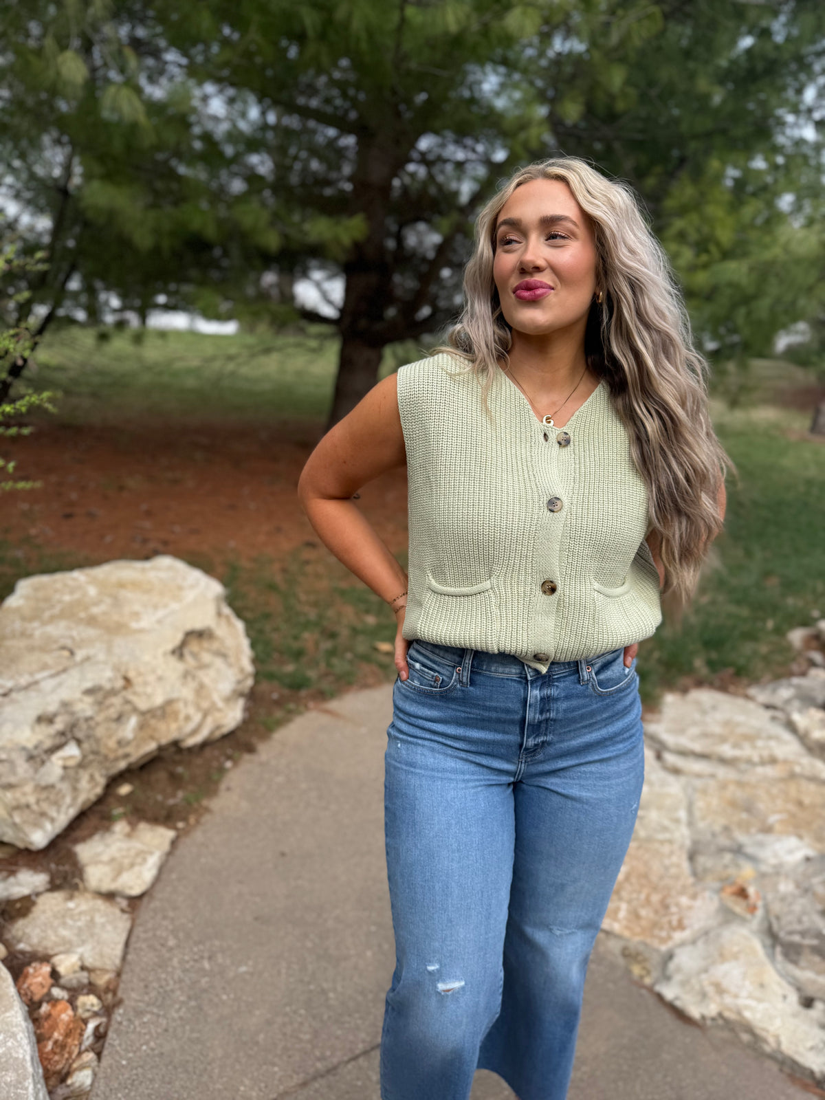 Light Green Button Front Sweater Vest