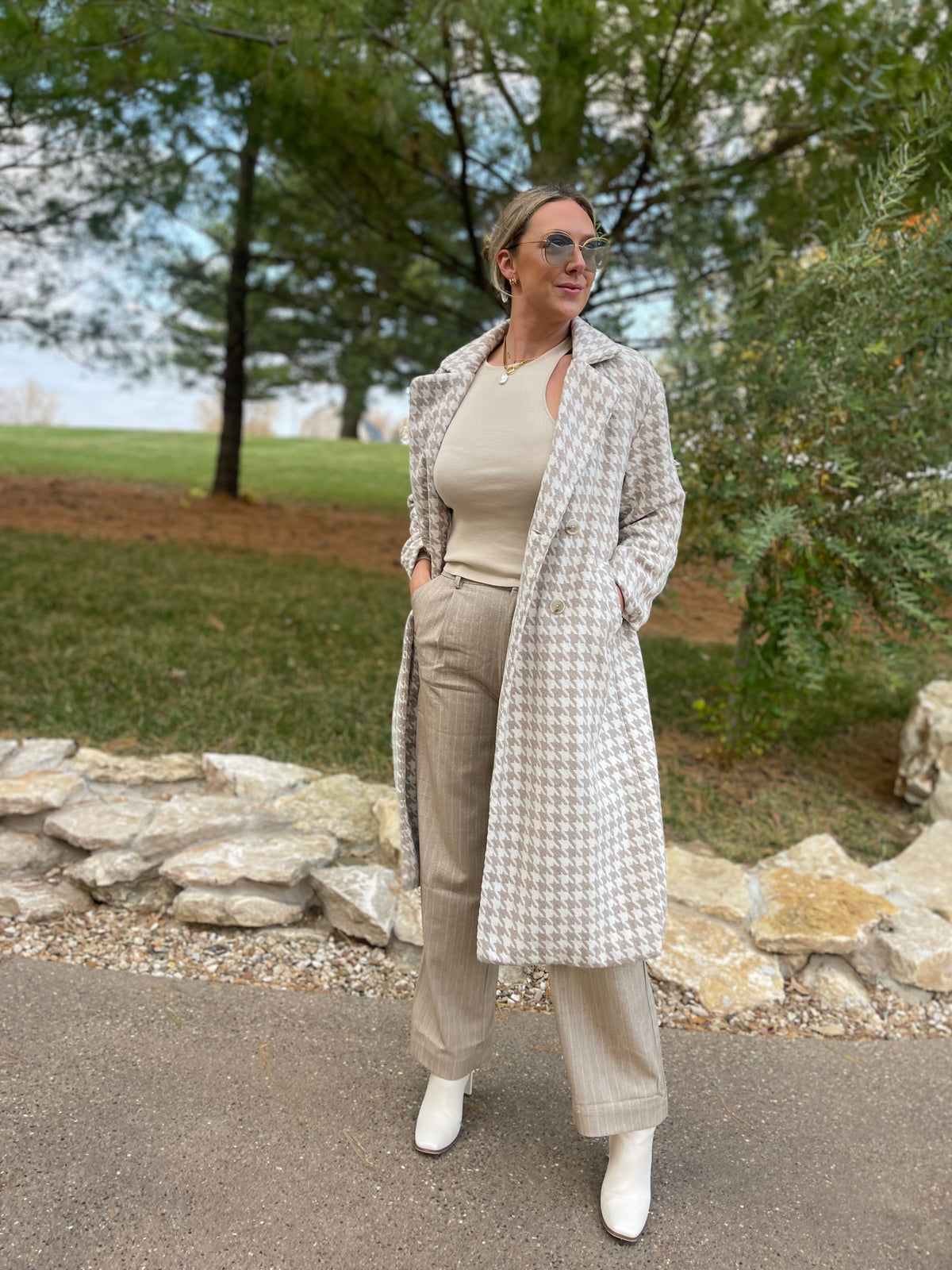 Taupe & Ivory Houndstooth Long Coat
