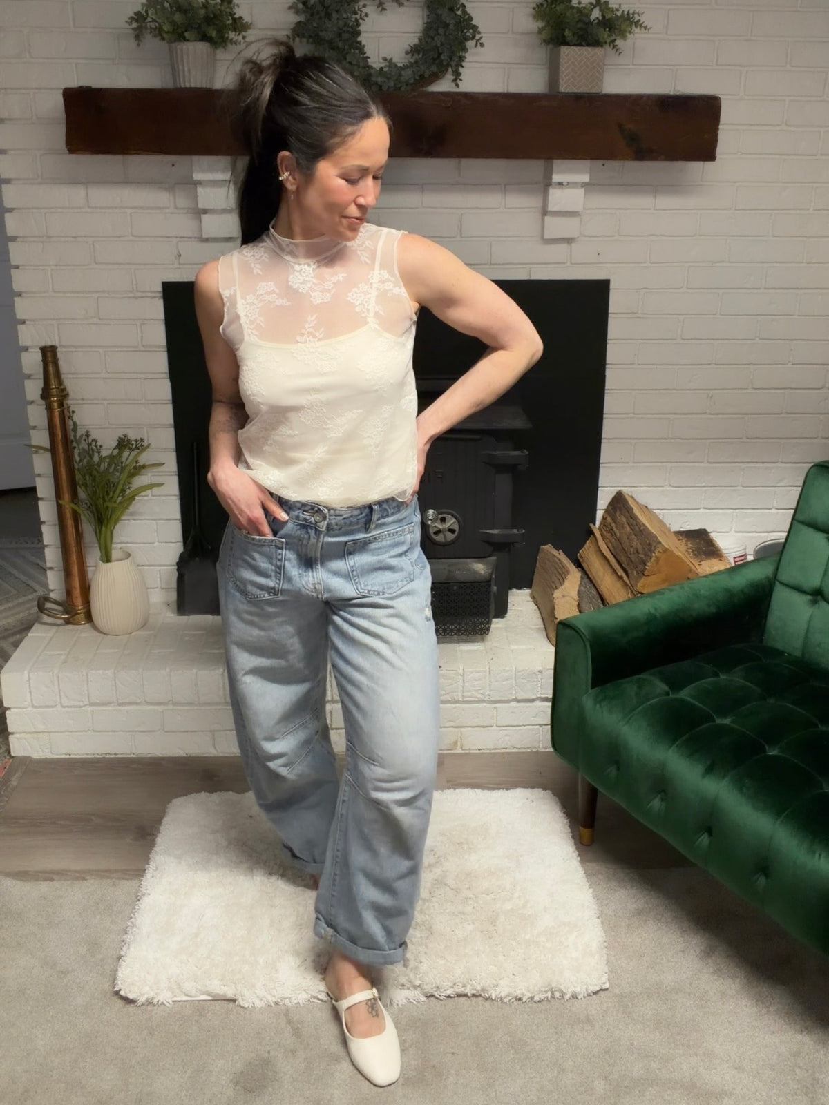 Cream Lace Overlay Sleeveless Top