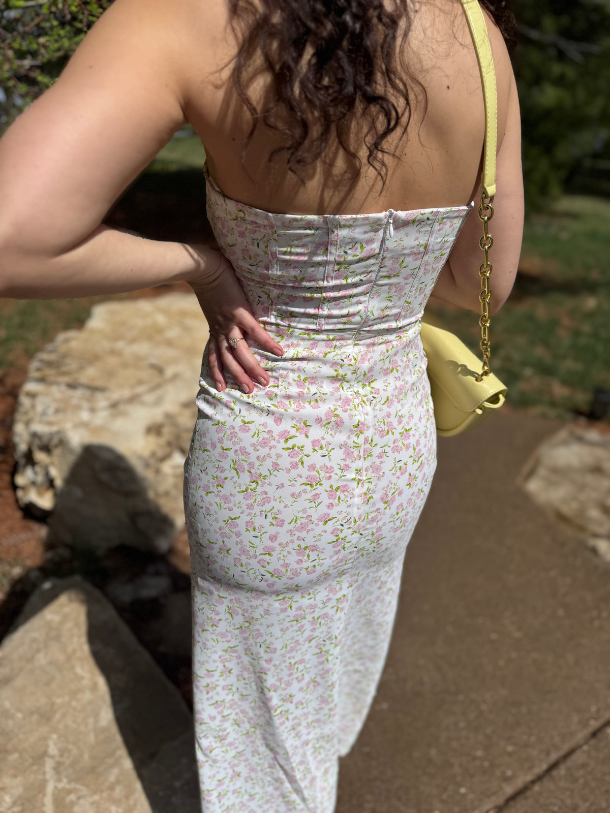 Pink Floral Print Strapless Midi Dress