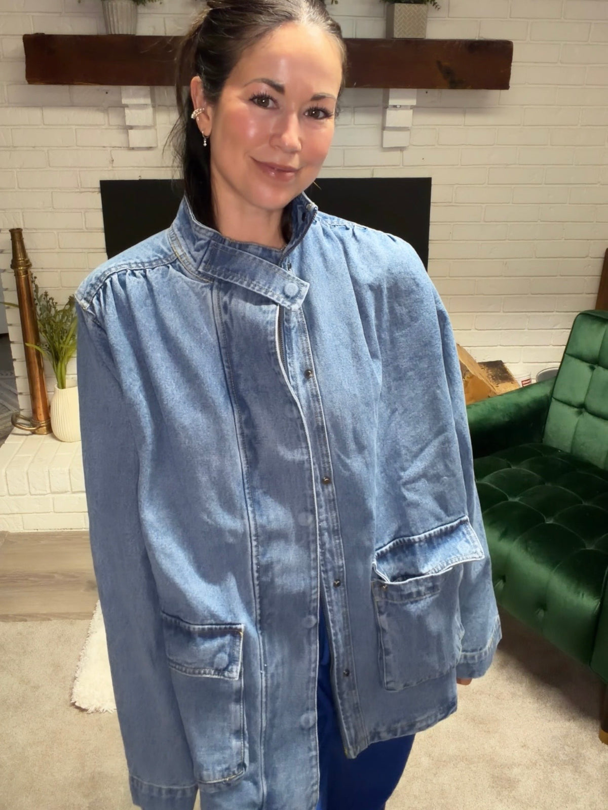 Shirring Detail Work Wear Denim Jacket