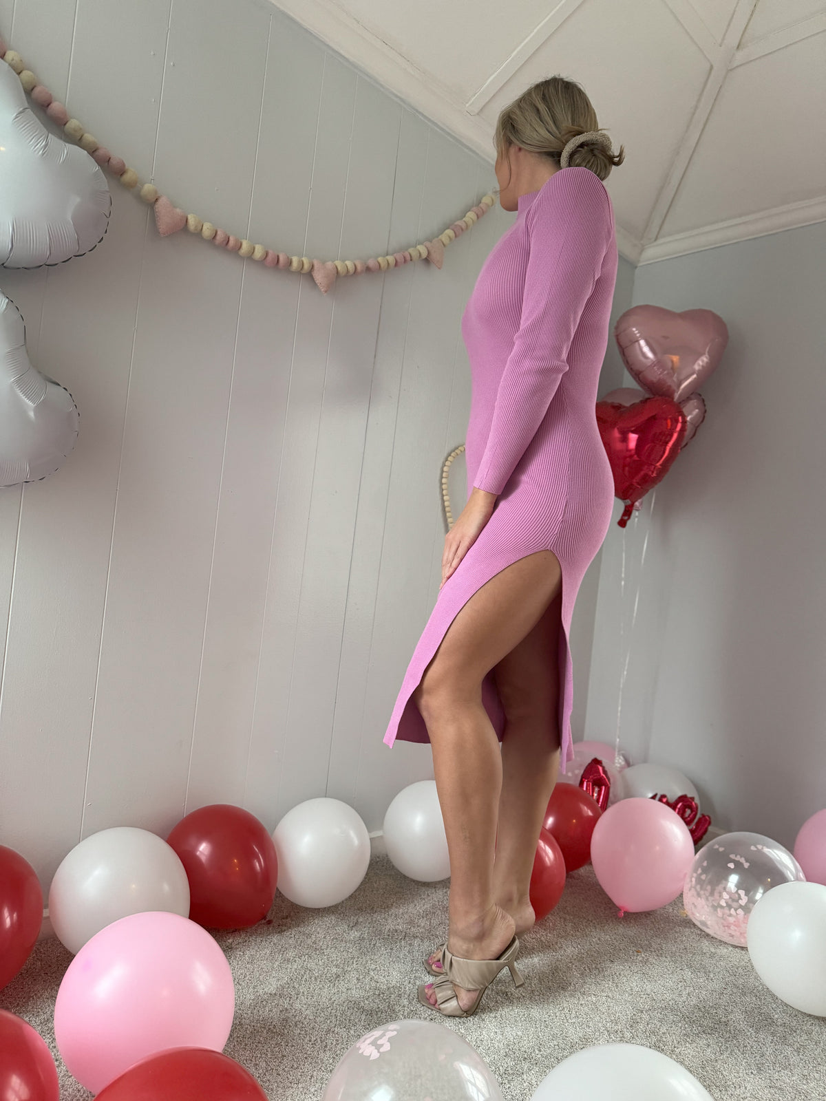 Pink Side Slit Fitted Midi Dress