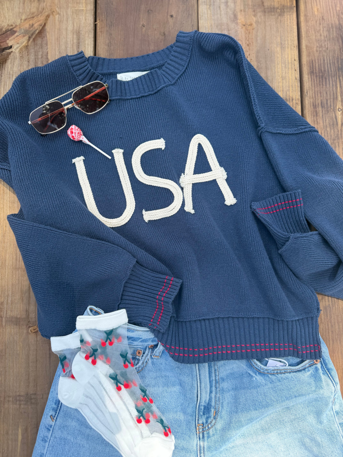 Navy Rope Detail USA Sweater