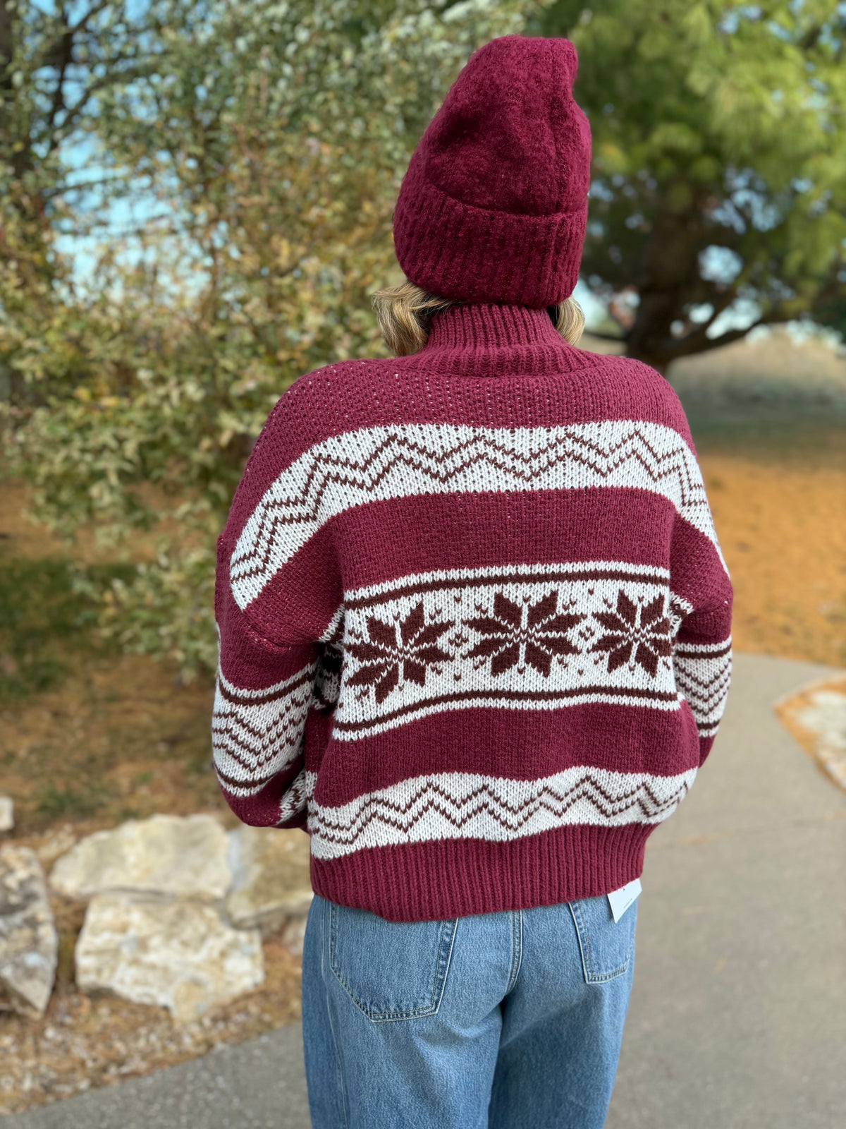Burgundy Zip Front Fair Isle Sweater