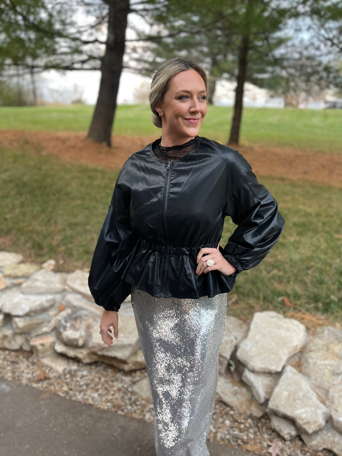 Peplum Waist Vegan Leather Jacket