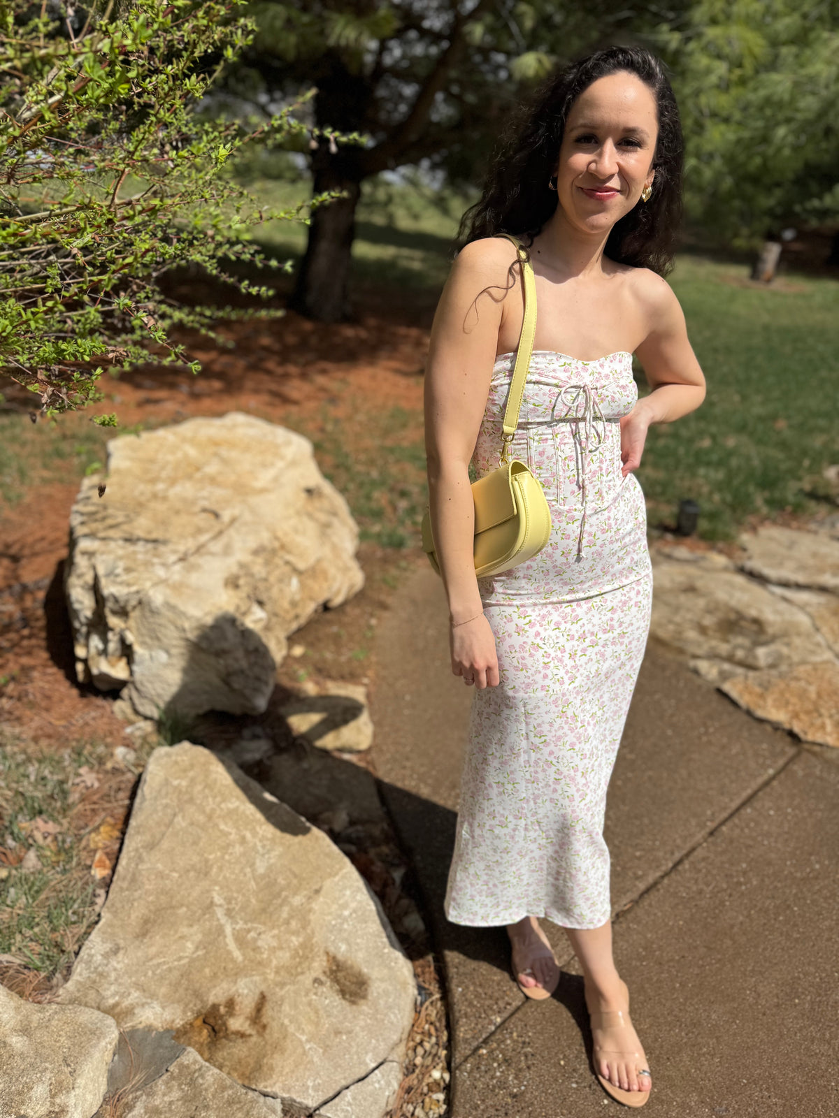 Pink Floral Print Strapless Midi Dress