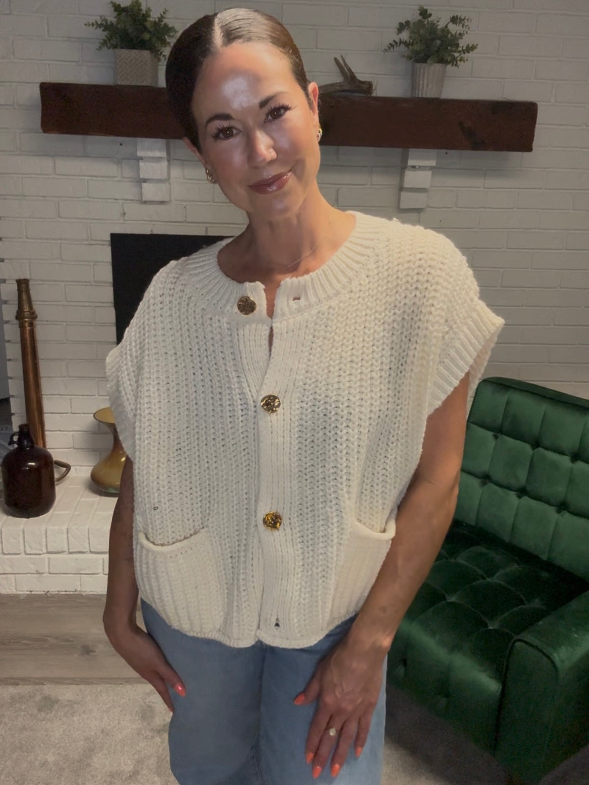Cream Gold Button Sleeveless Sweater