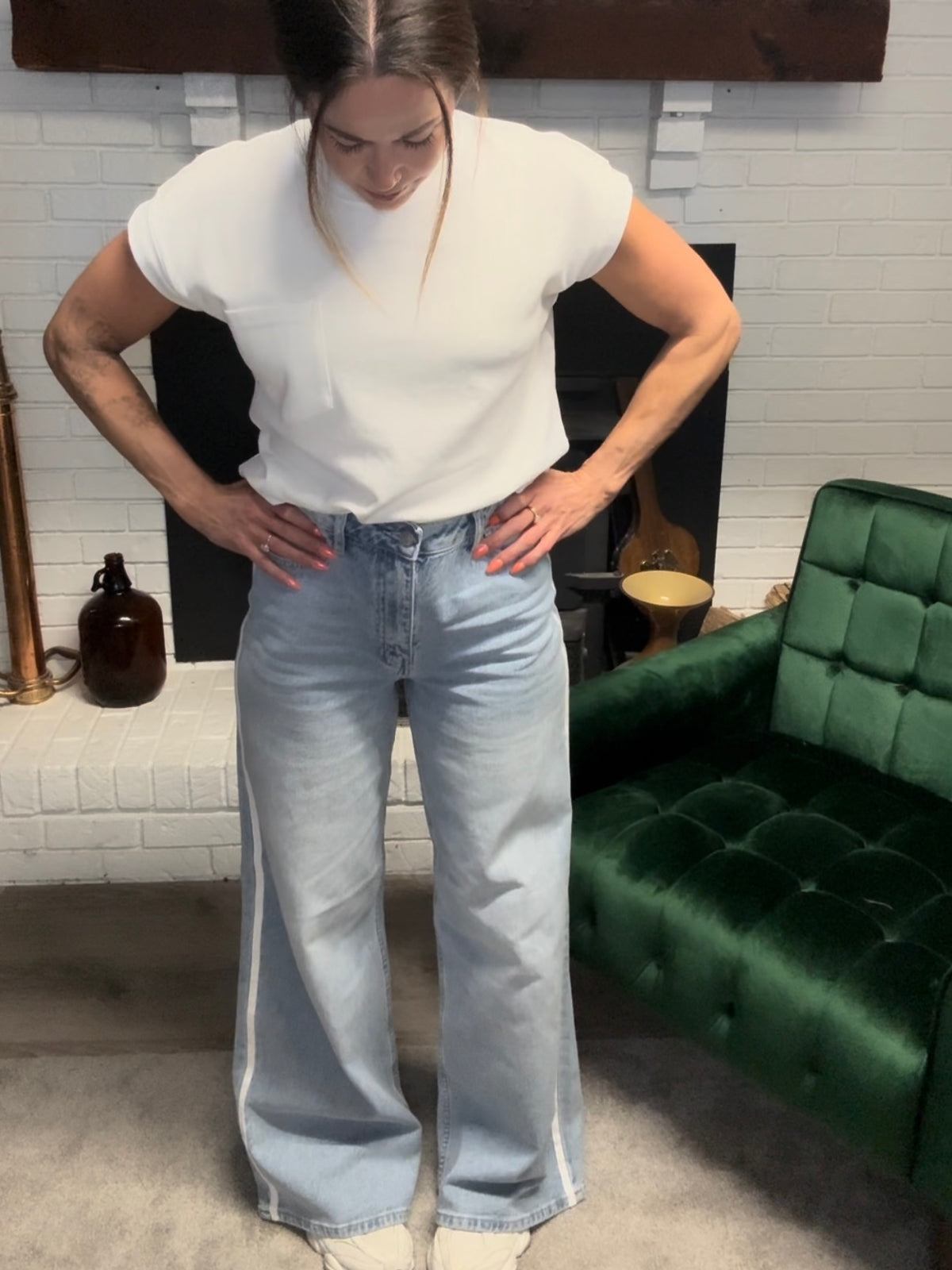 Wide Leg White Side Seam Detail Jeans