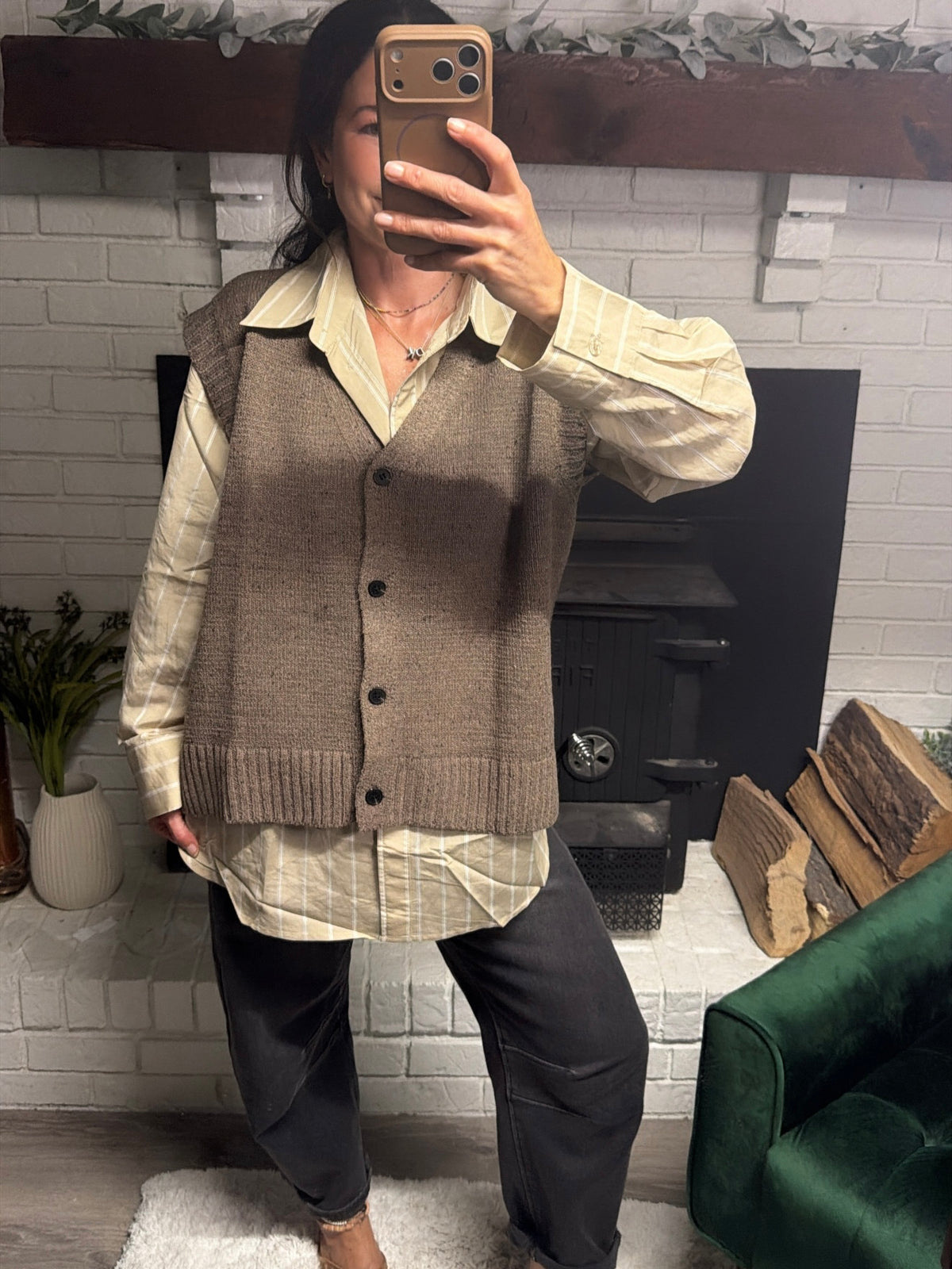 Khaki Striped Oversized Woven Top