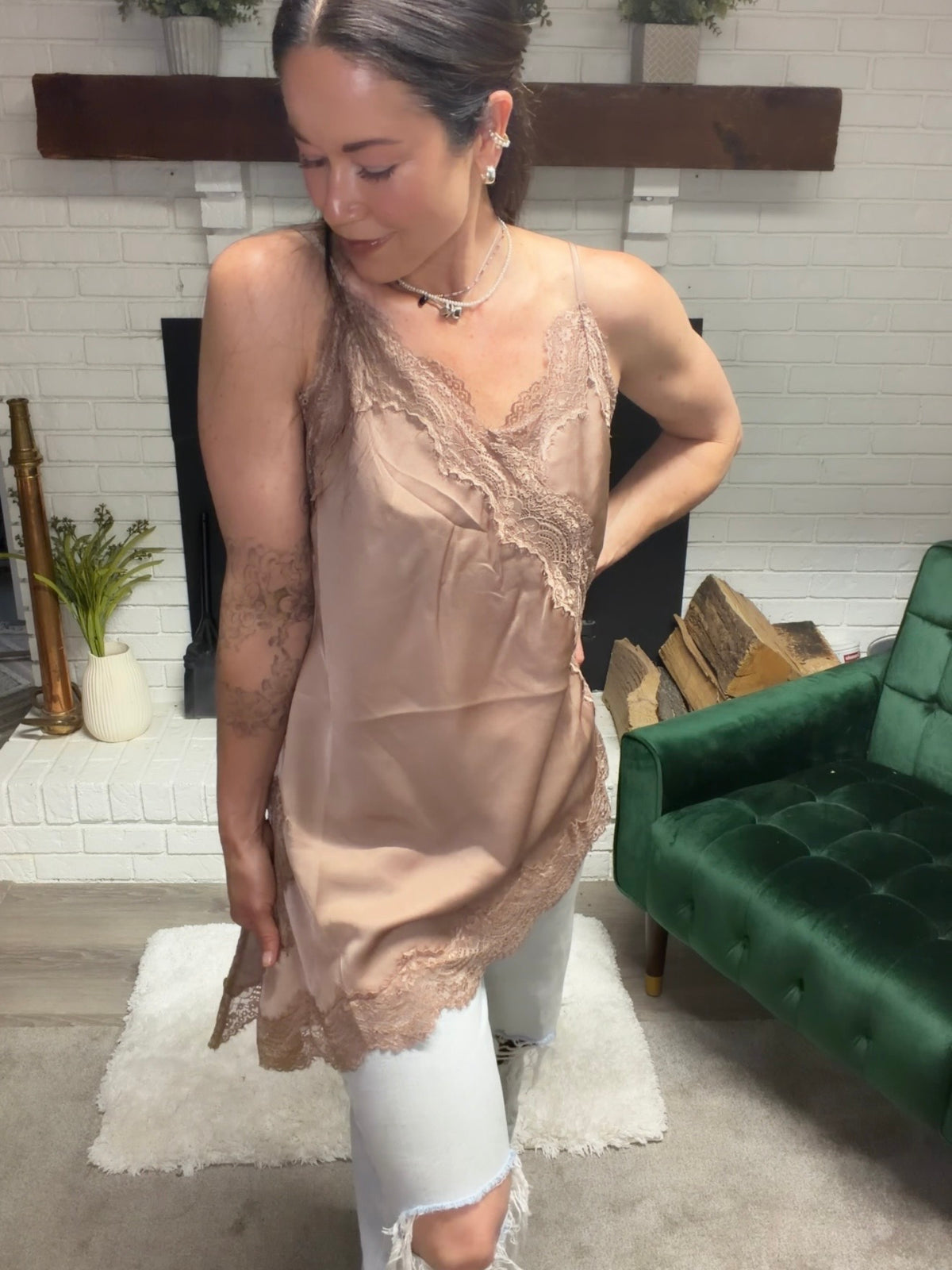 Mocha Asymmetrical Lace Tank Tunic Top