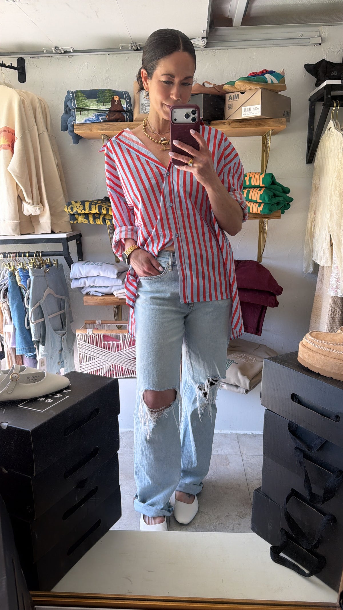 Tomato & Light Blue Striped Oversized Shirt