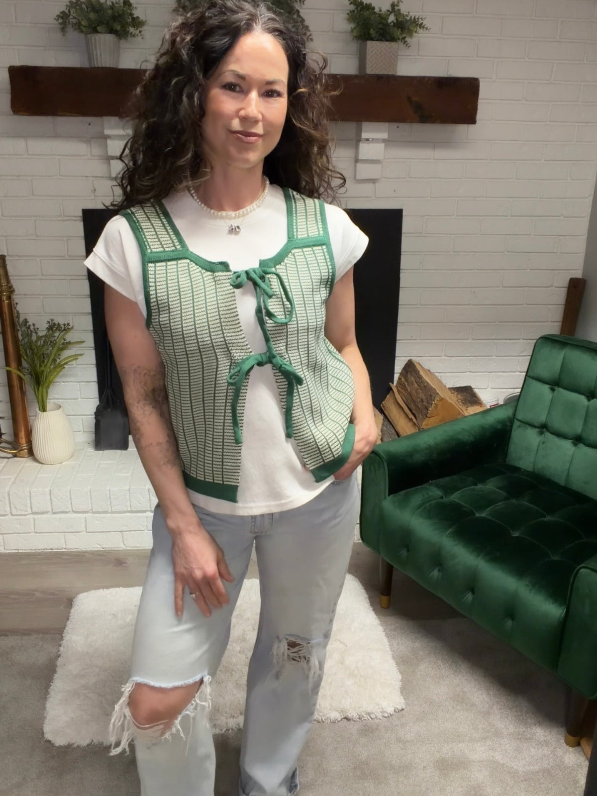 Green Tie Front Sleeveless Sweater
