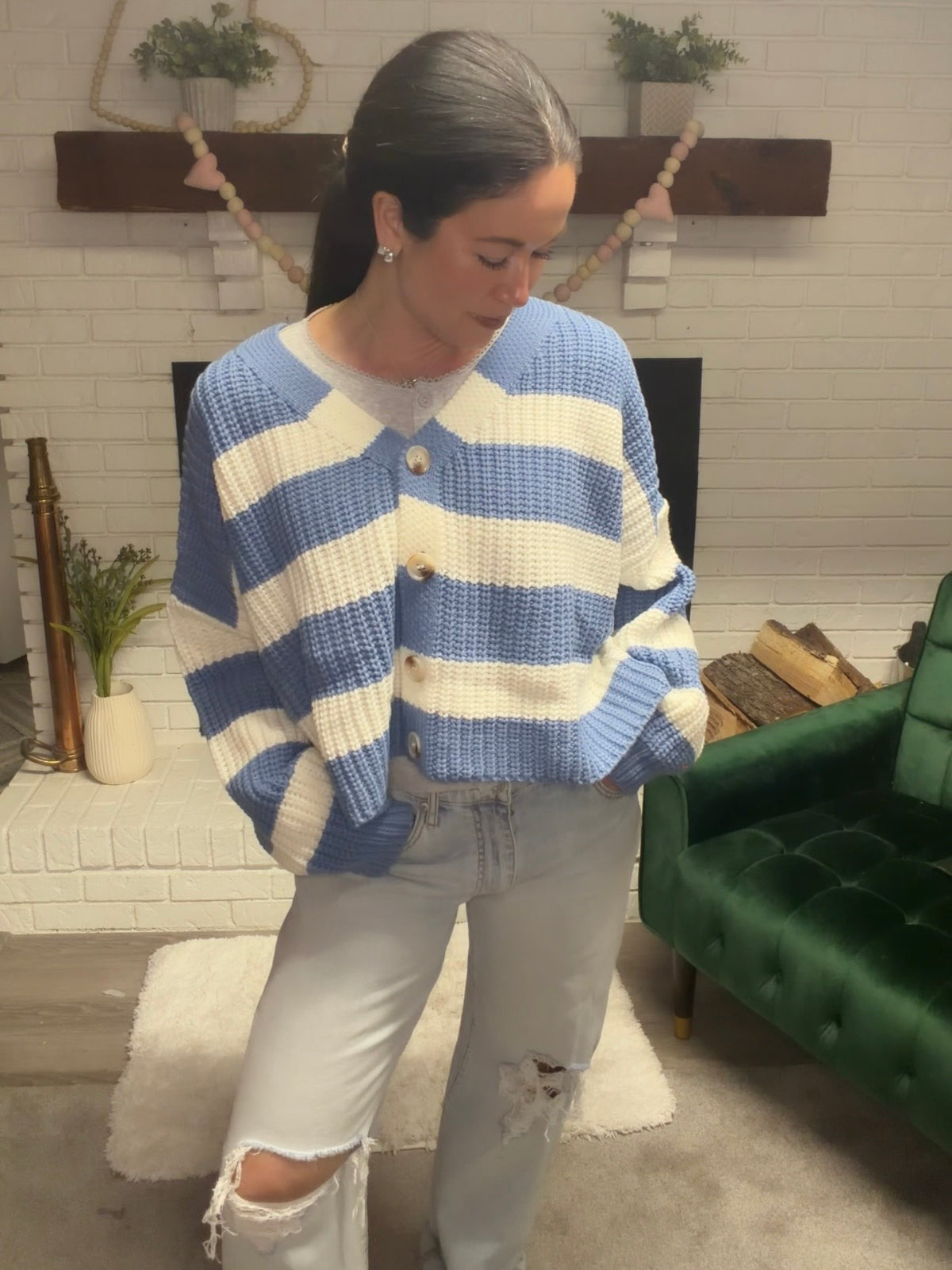 Dusty Blue Striped V-Neck Cardigan