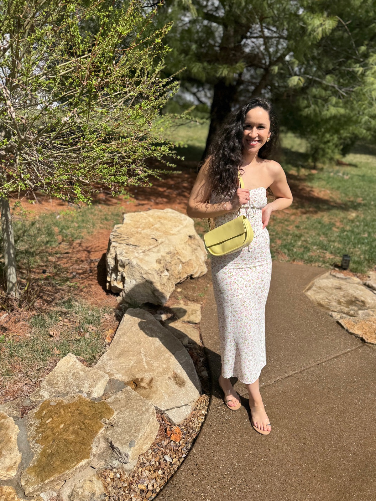 Pink Floral Print Strapless Midi Dress