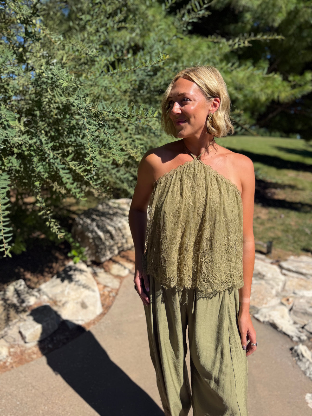 Olive Scallop Lace Halter Top