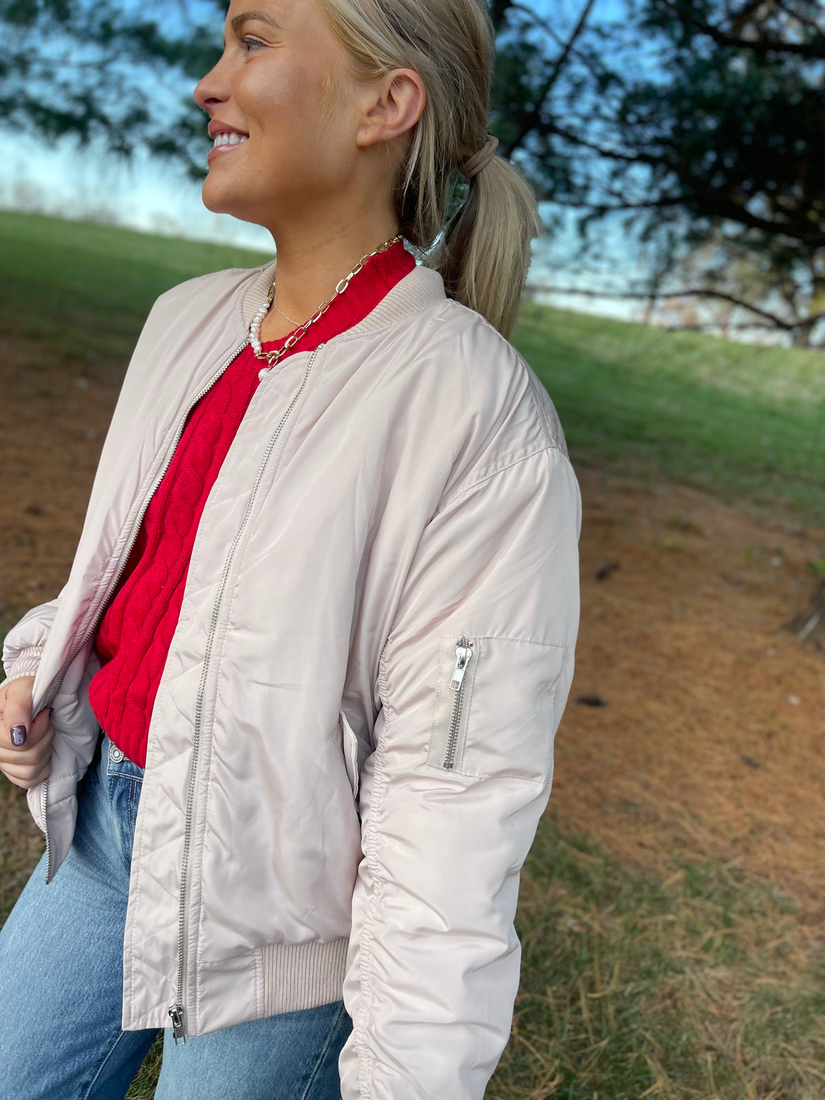 Cream Ruched Sleeve Bomber Jacket