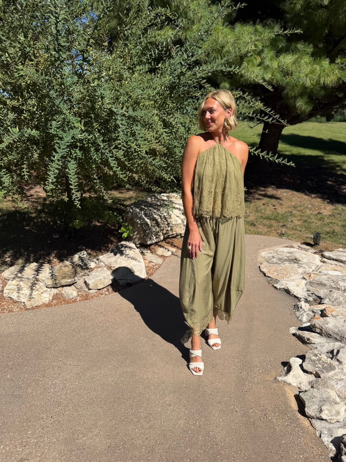 Olive Scallop Lace Halter Top