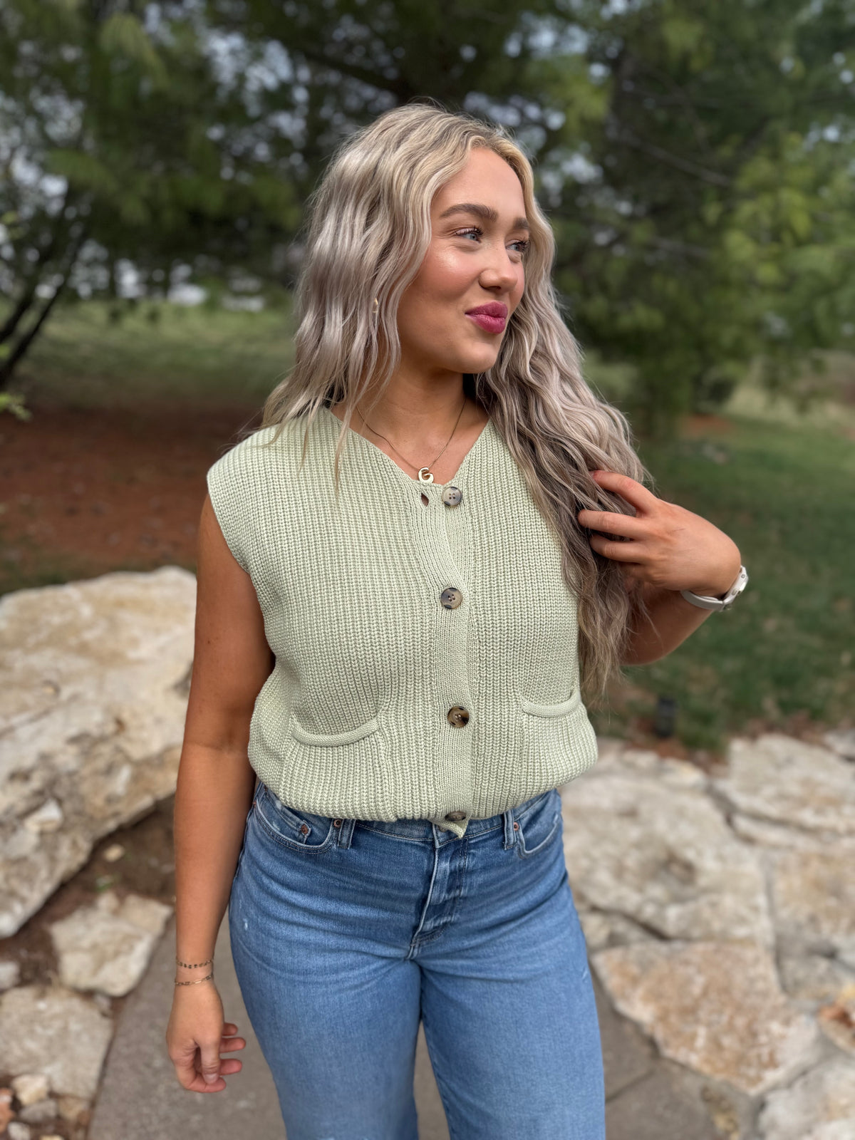 Light Green Button Front Sweater Vest