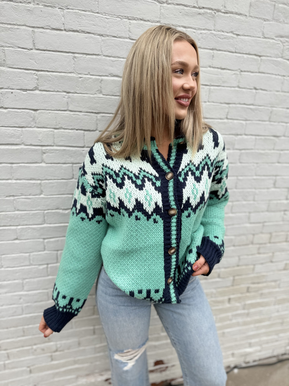 Auqua Vintage Pattern Button Front Sweater