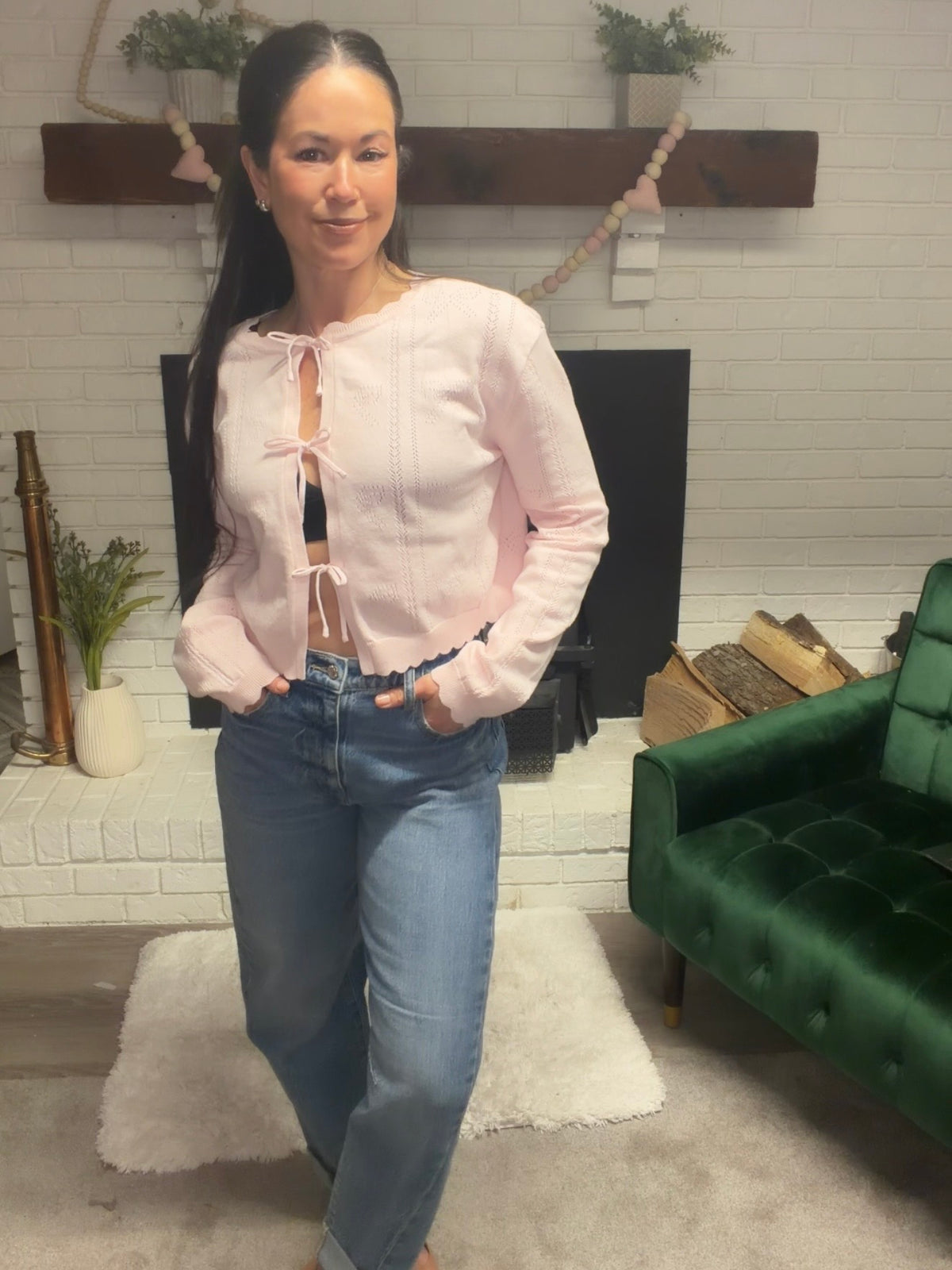 Pink Pointelle Bow Cardigan