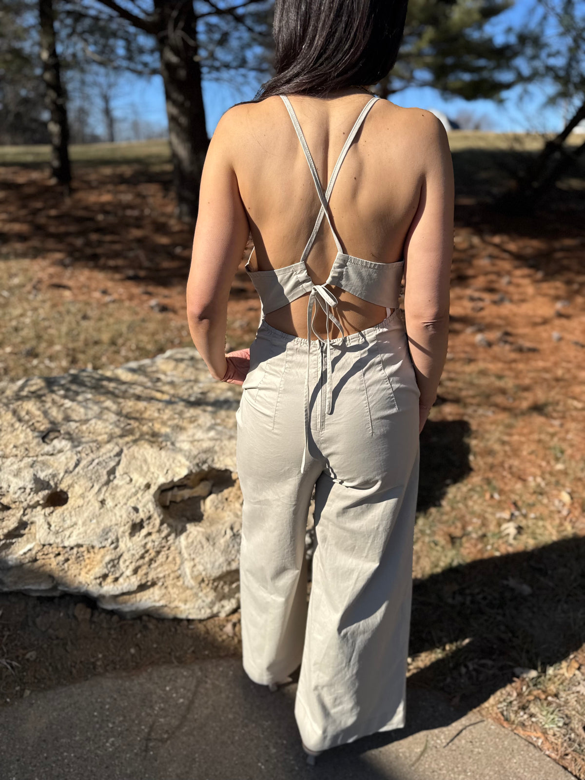 Tan Deep V Cross Tie Back Jumpsuit