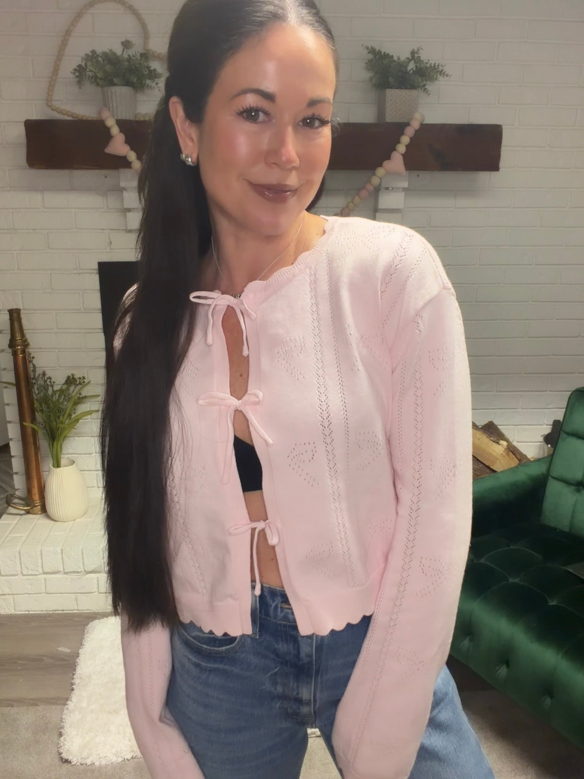 Pink Pointelle Bow Cardigan