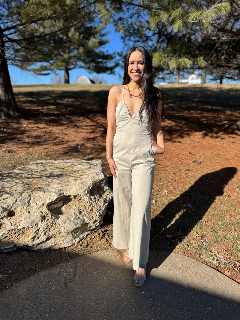 Tan Deep V Cross Tie Back Jumpsuit