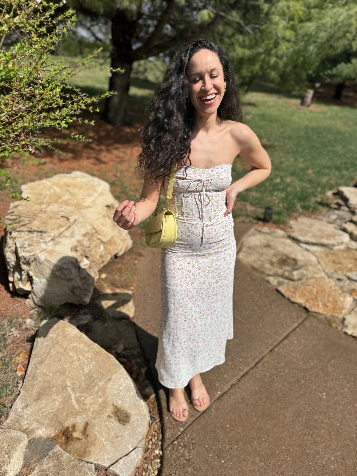 Pink Floral Print Strapless Midi Dress