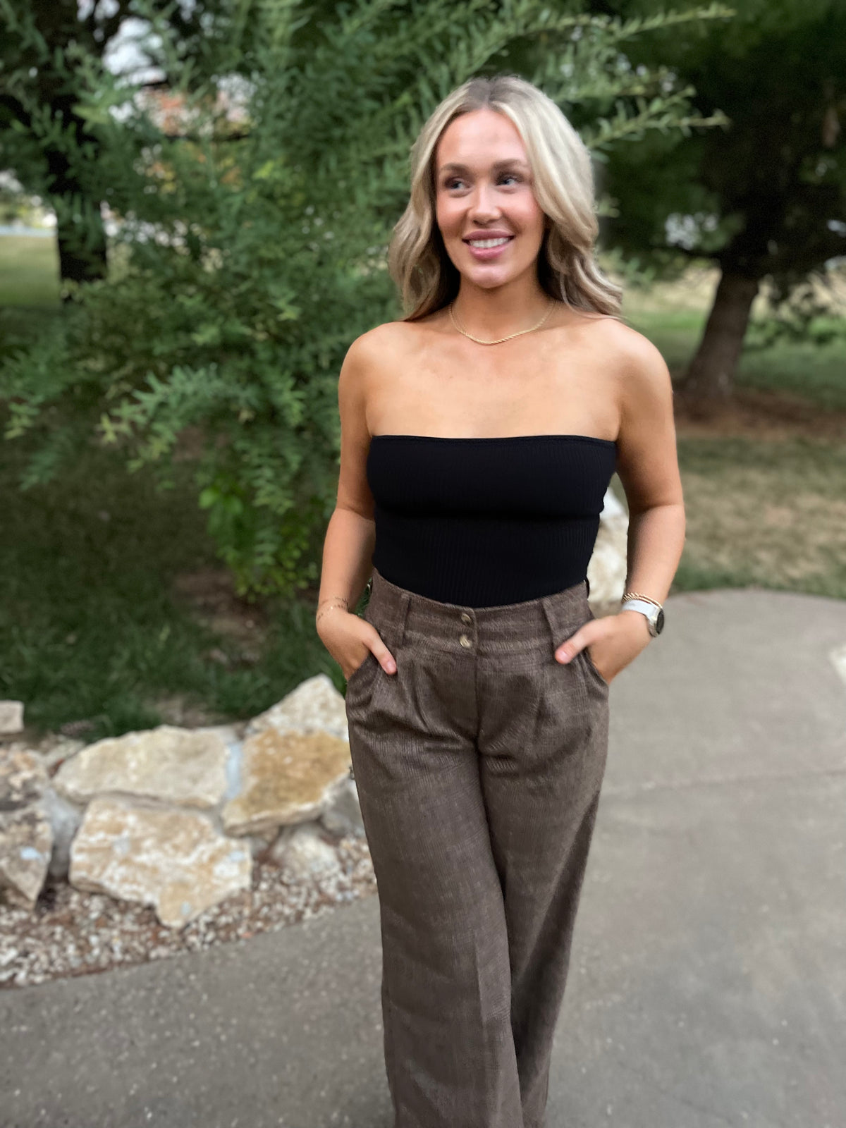 Brown Plaid High Waisted Trousers