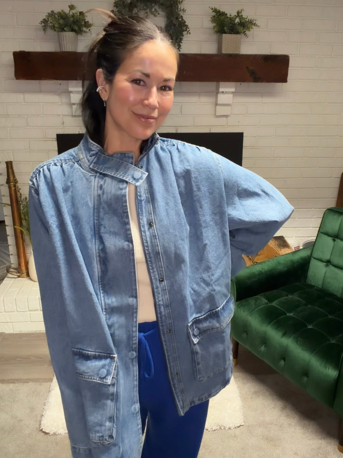 Shirring Detail Work Wear Denim Jacket