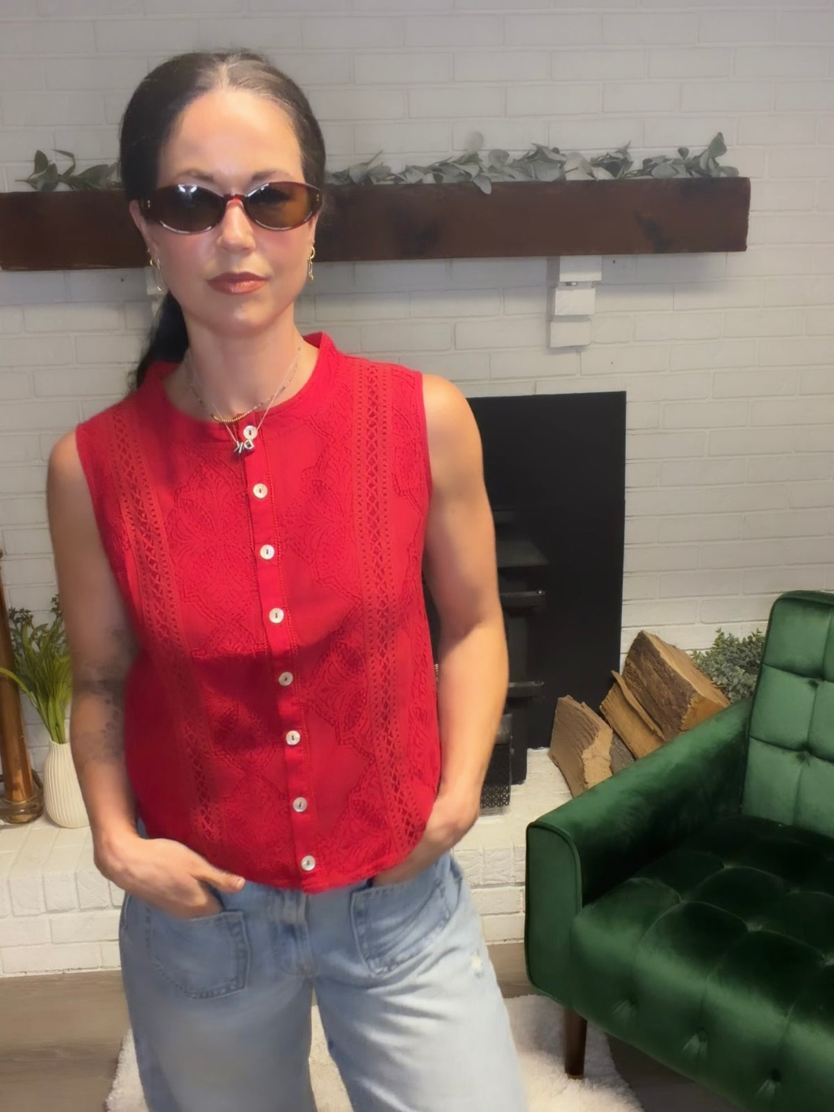Red Lace Button Front Sleeveless Top