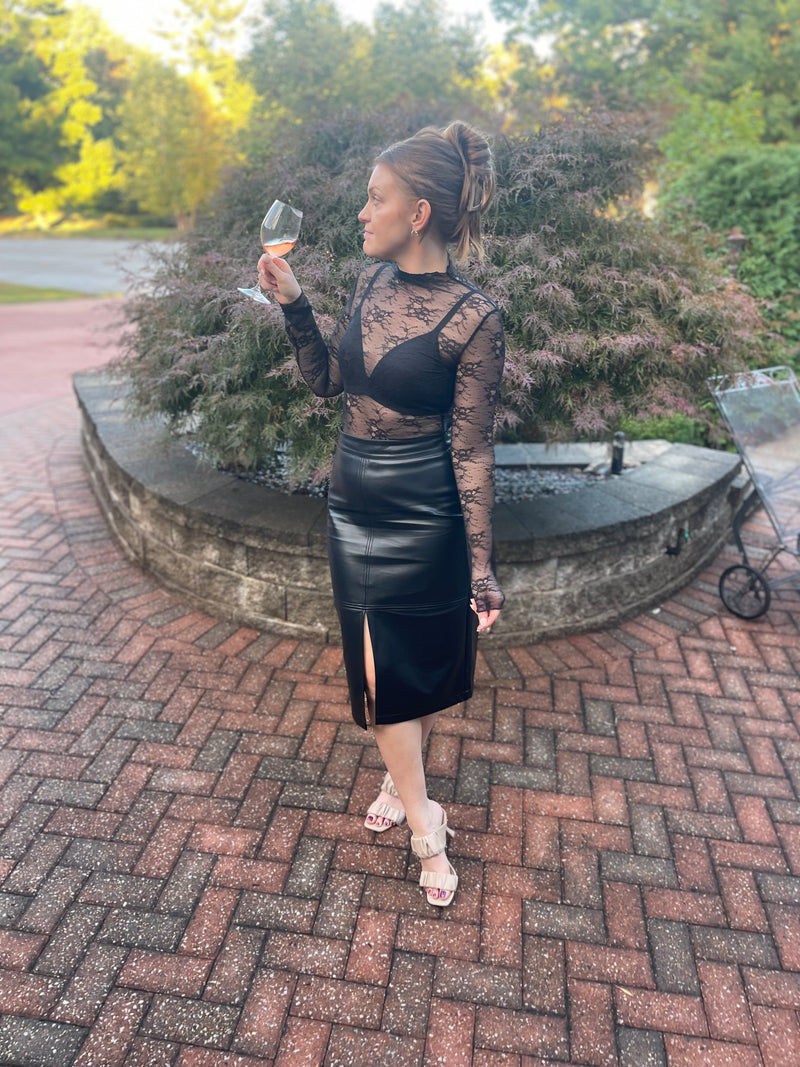 Black Vegan Leather Midi Skirt