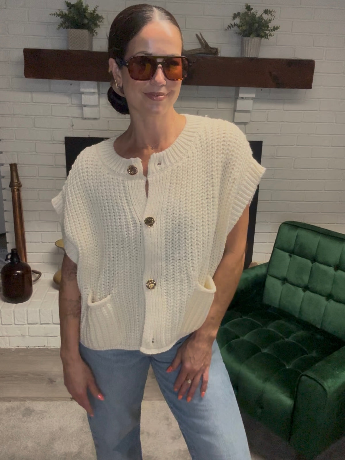 Cream Gold Button Sleeveless Sweater