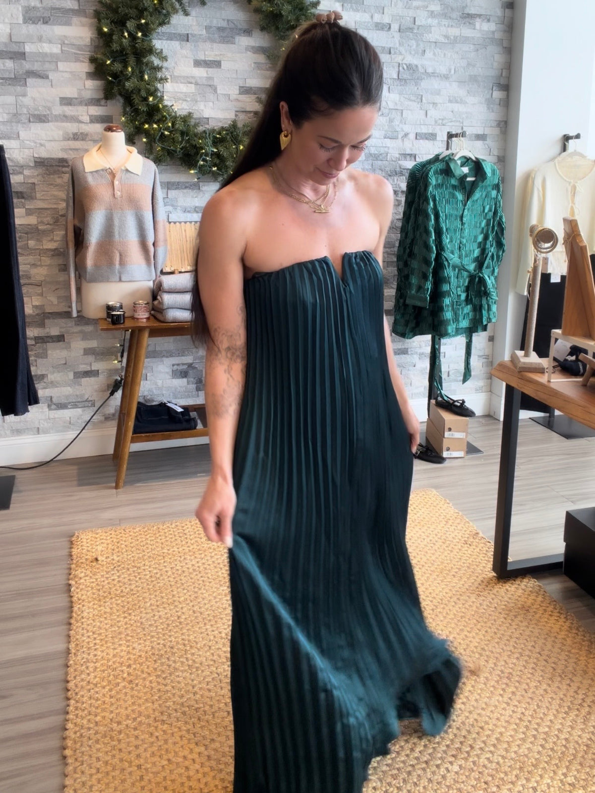 Emerald Green Strapless Pleated Maxi Dress
