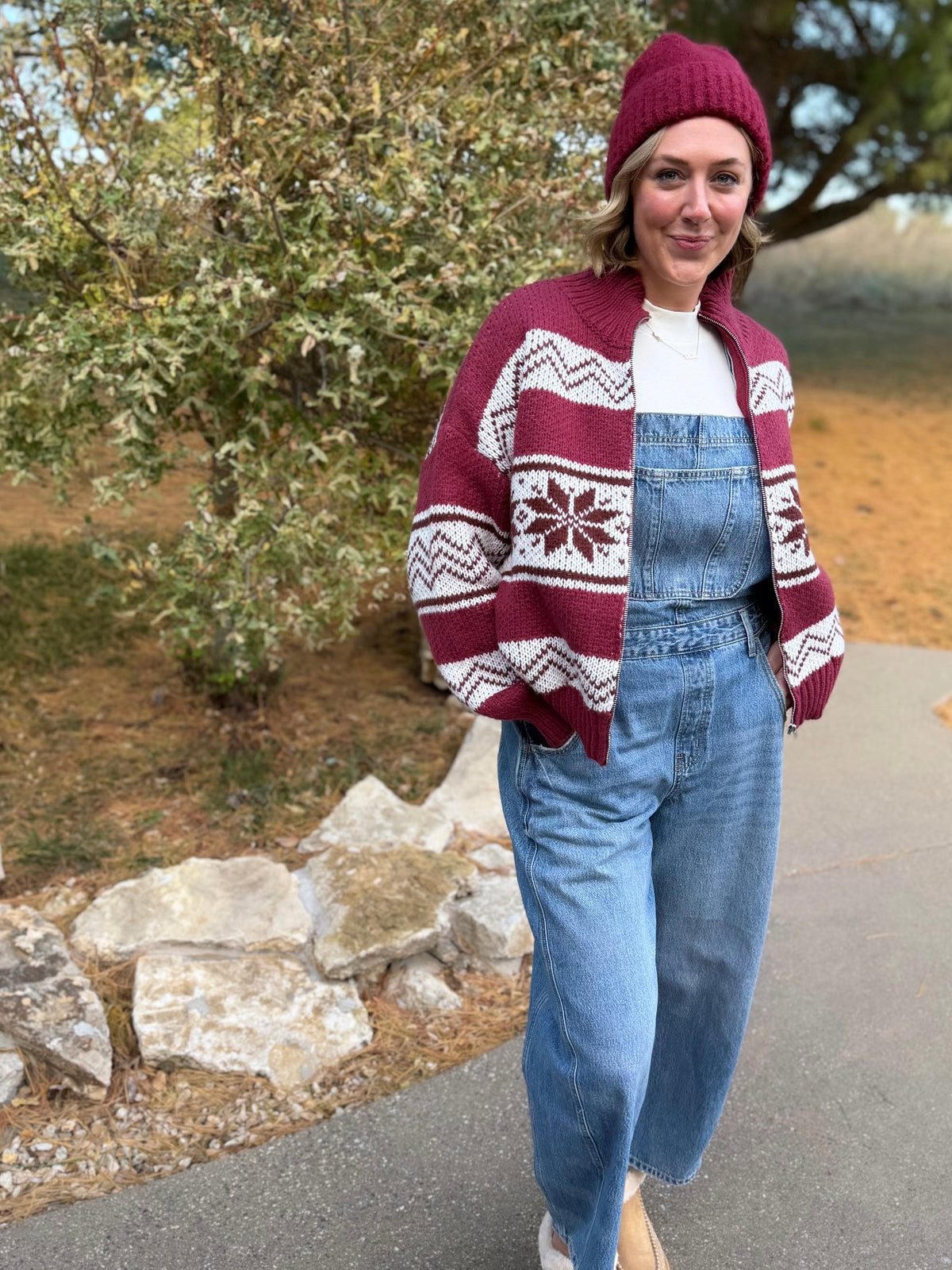 Burgundy Zip Front Fair Isle Sweater