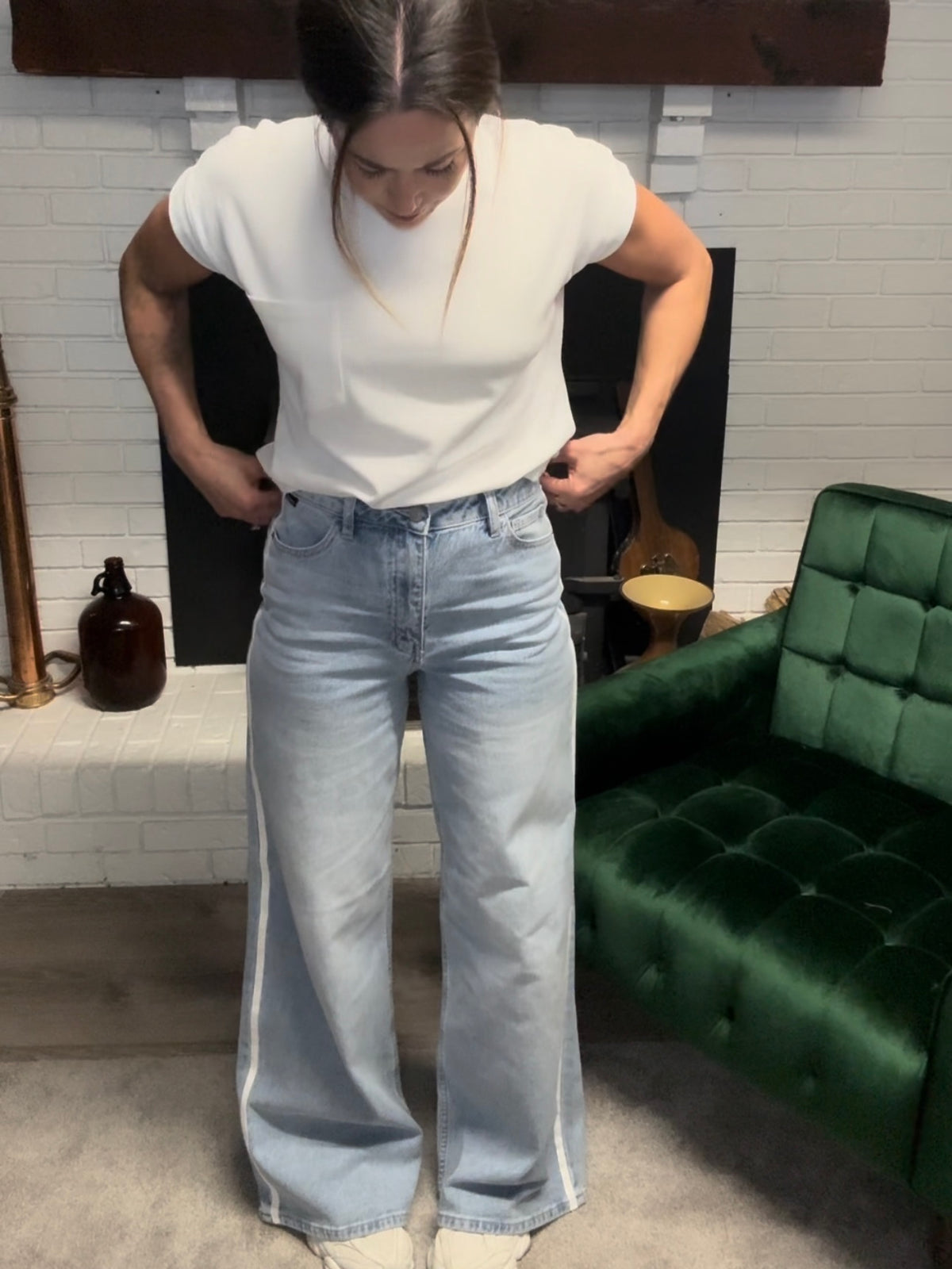 Wide Leg White Side Seam Detail Jeans