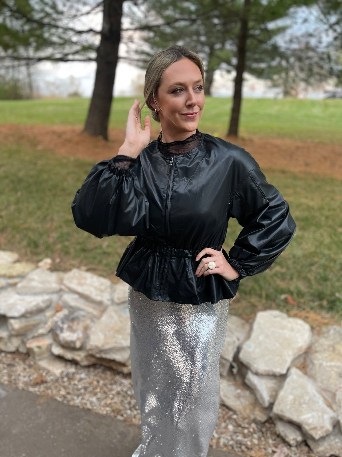 Peplum Waist Vegan Leather Jacket