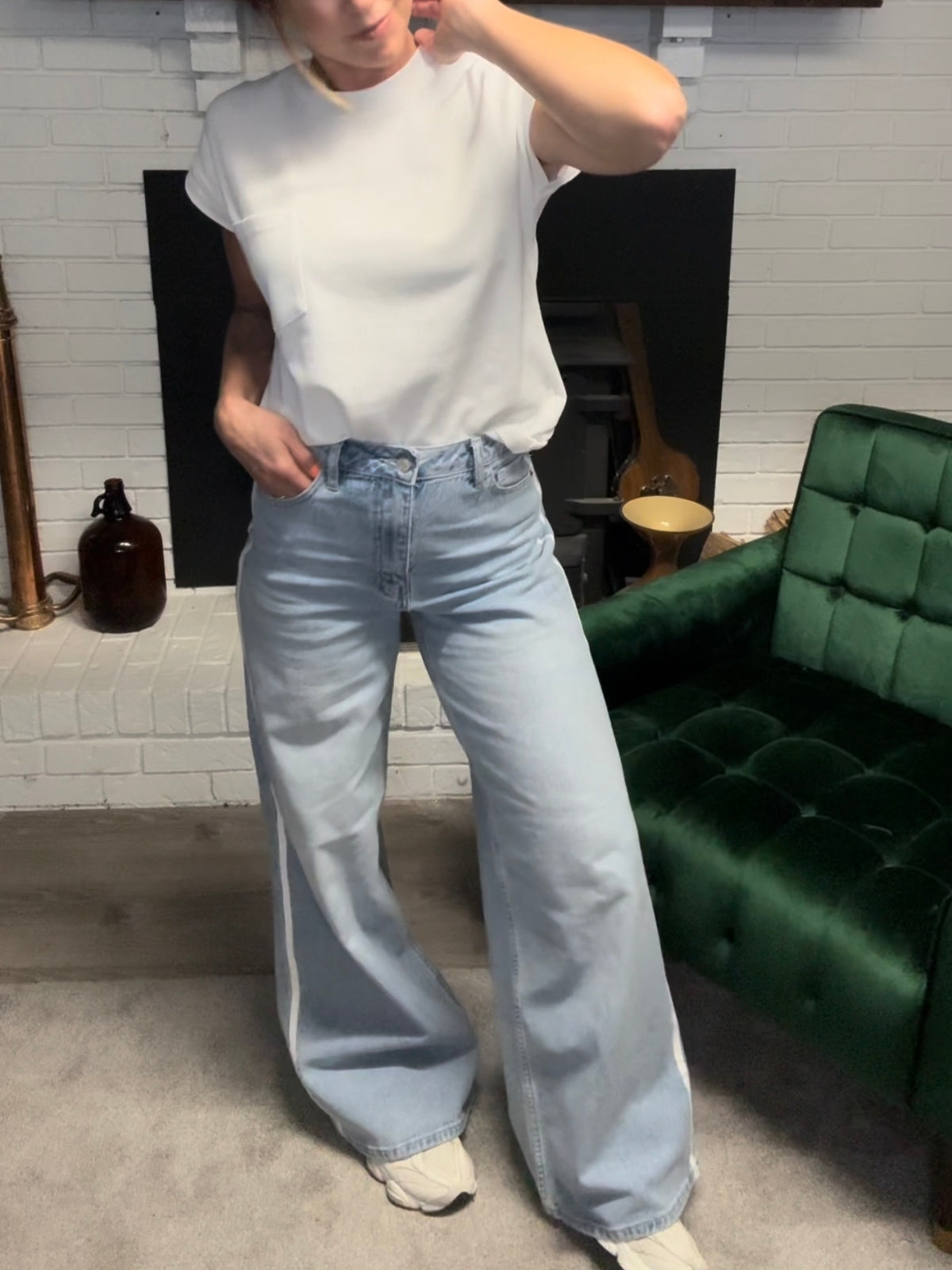 Wide Leg White Side Seam Detail Jeans