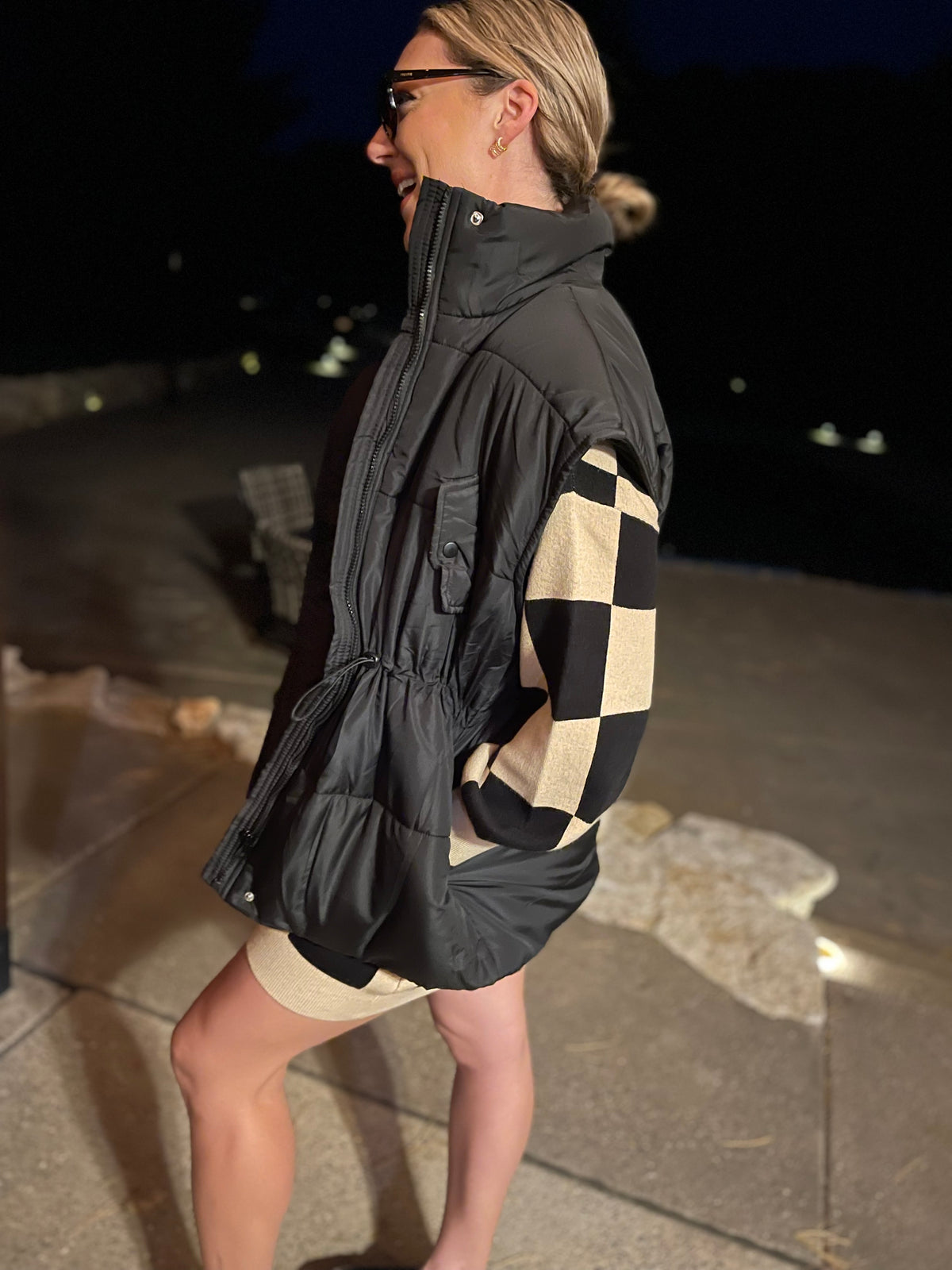 Checkered Mock Neck Sweater Dress