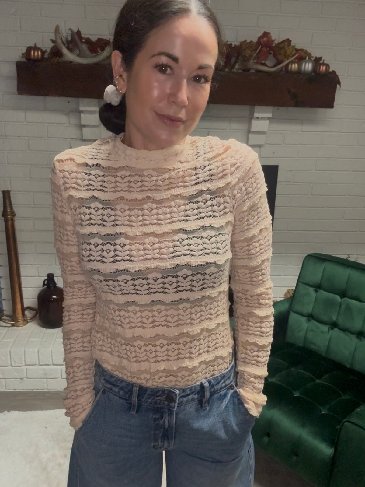 Beige Long Sleeve Lace Top