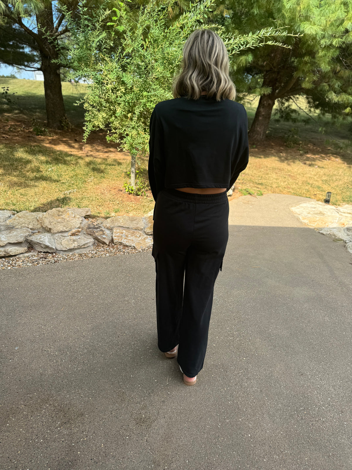 French Terry Crop Sweatshirt & Wide Leg Cargo Pant Set
