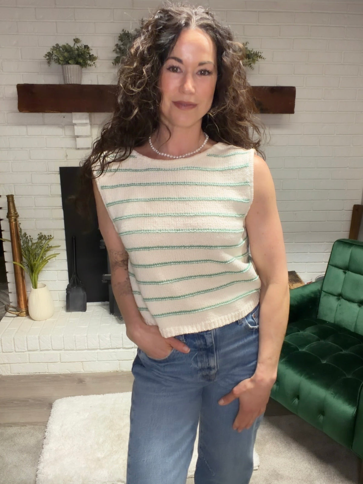 Cream & Green Striped Low Back Sleeveless Sweater