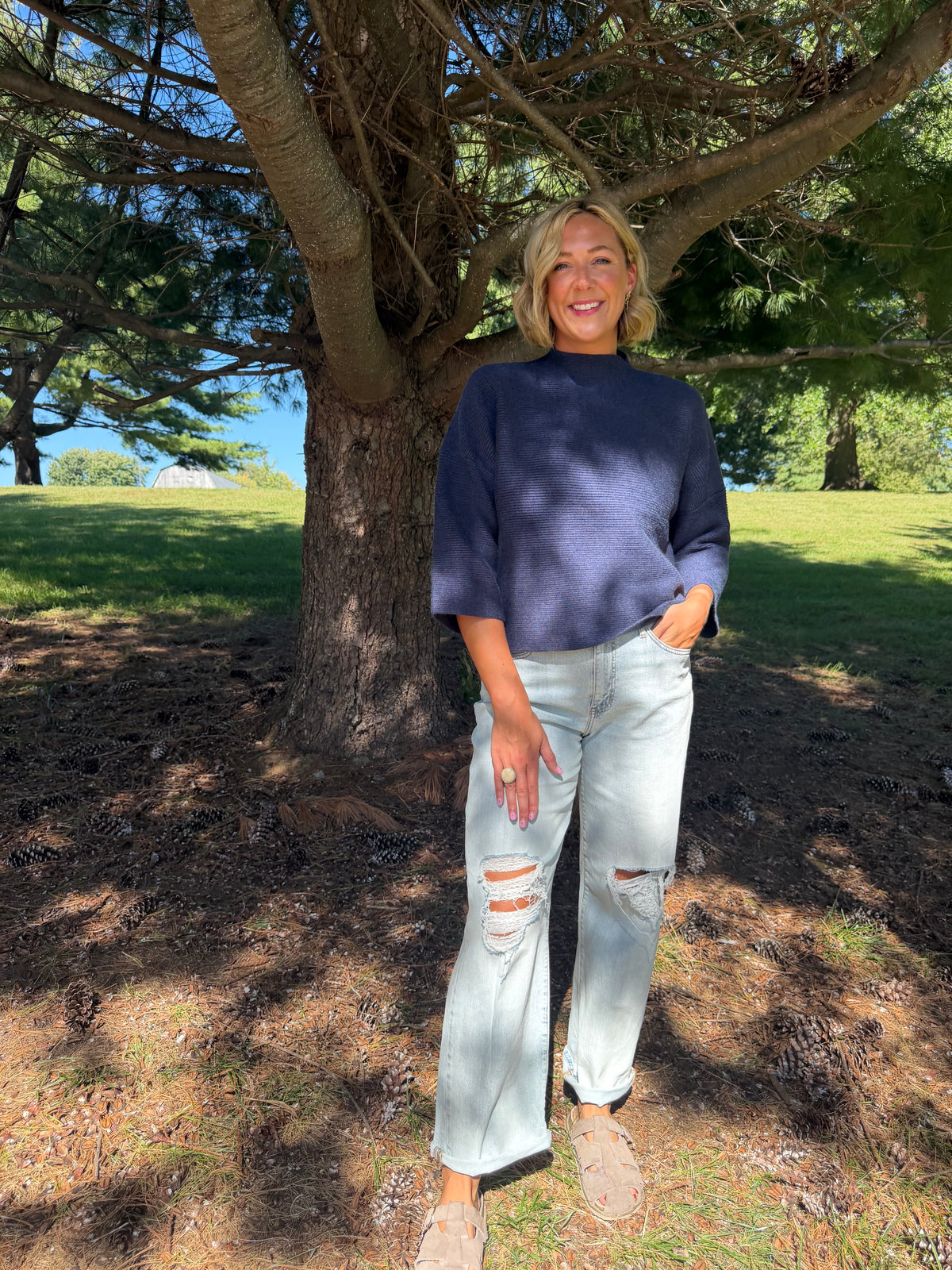 Navy Drop Shoulder 3/4 Length Sleeve Sweater