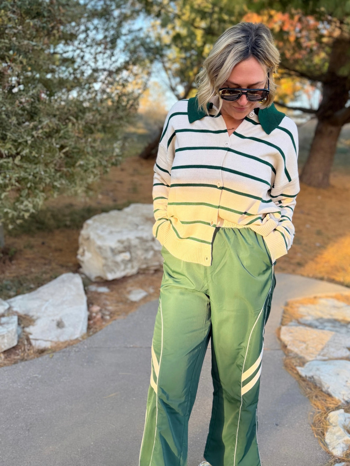 Green Stripe Collared Cardigan