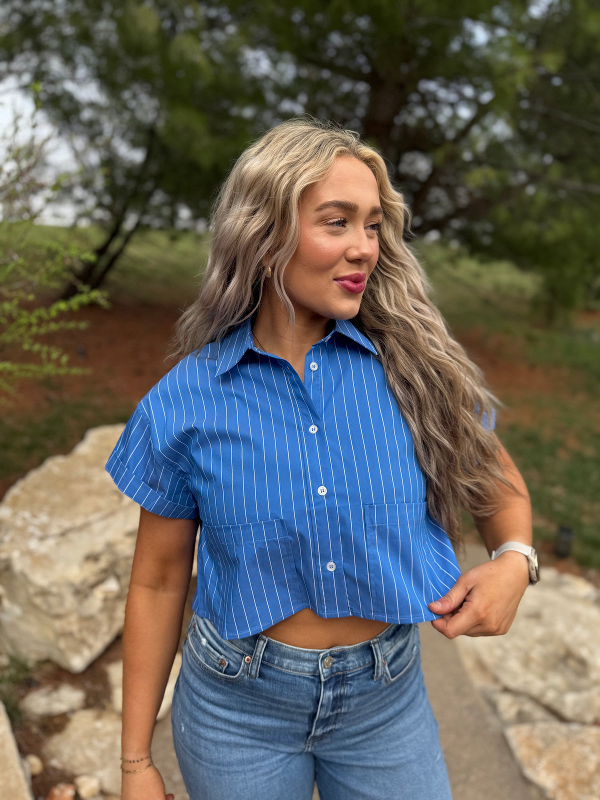 Cobalt Blue Cropped Woven Shirt