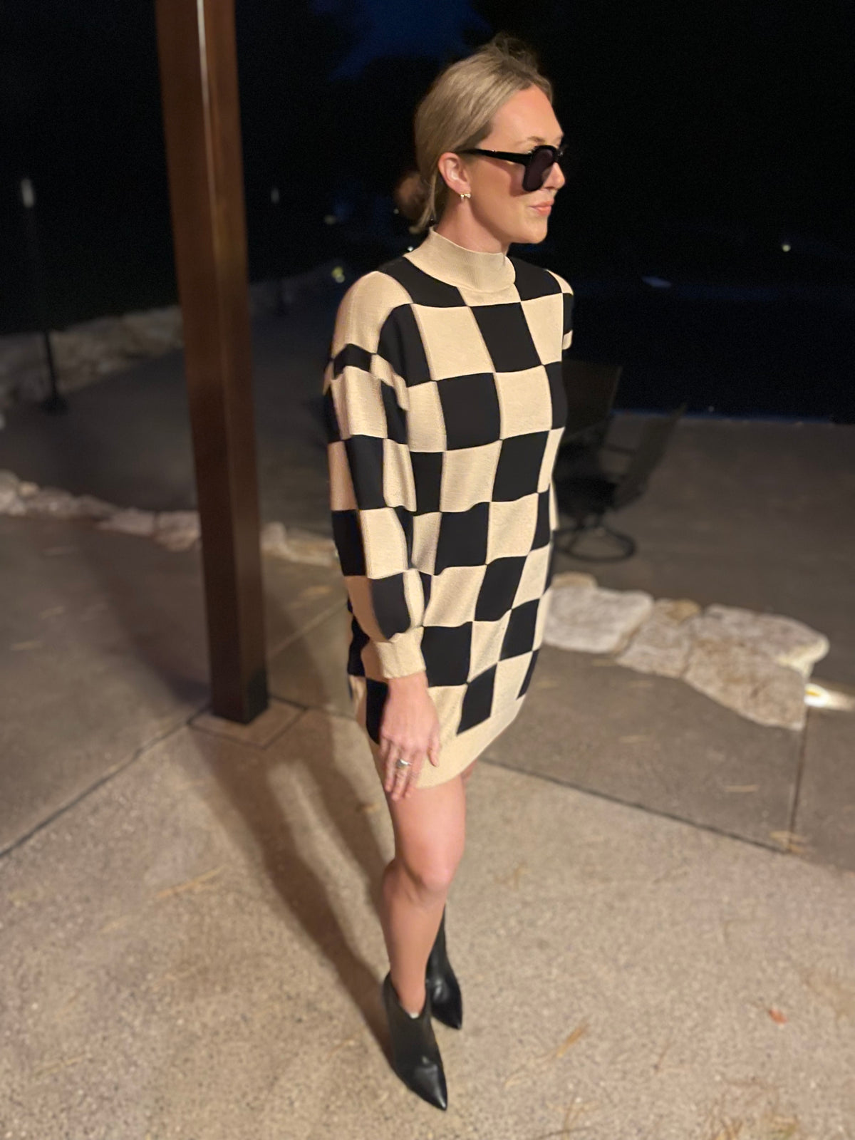 Checkered Mock Neck Sweater Dress
